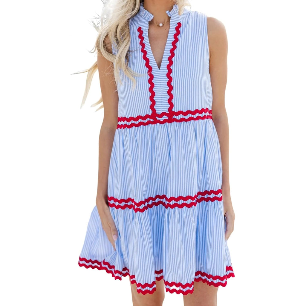 Kuraki Women'S Cute Sleeveless Ric Rac Trim Tiered Striped Dress