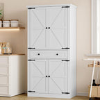 Bornoon Pantry Organizers And Storage Cabinet, 67.7” Barn Door White Kitchen Cabinet With Drawers And Adjustable Shelf, Tall Pantry For Kitchen, Dining Room, Living Room
