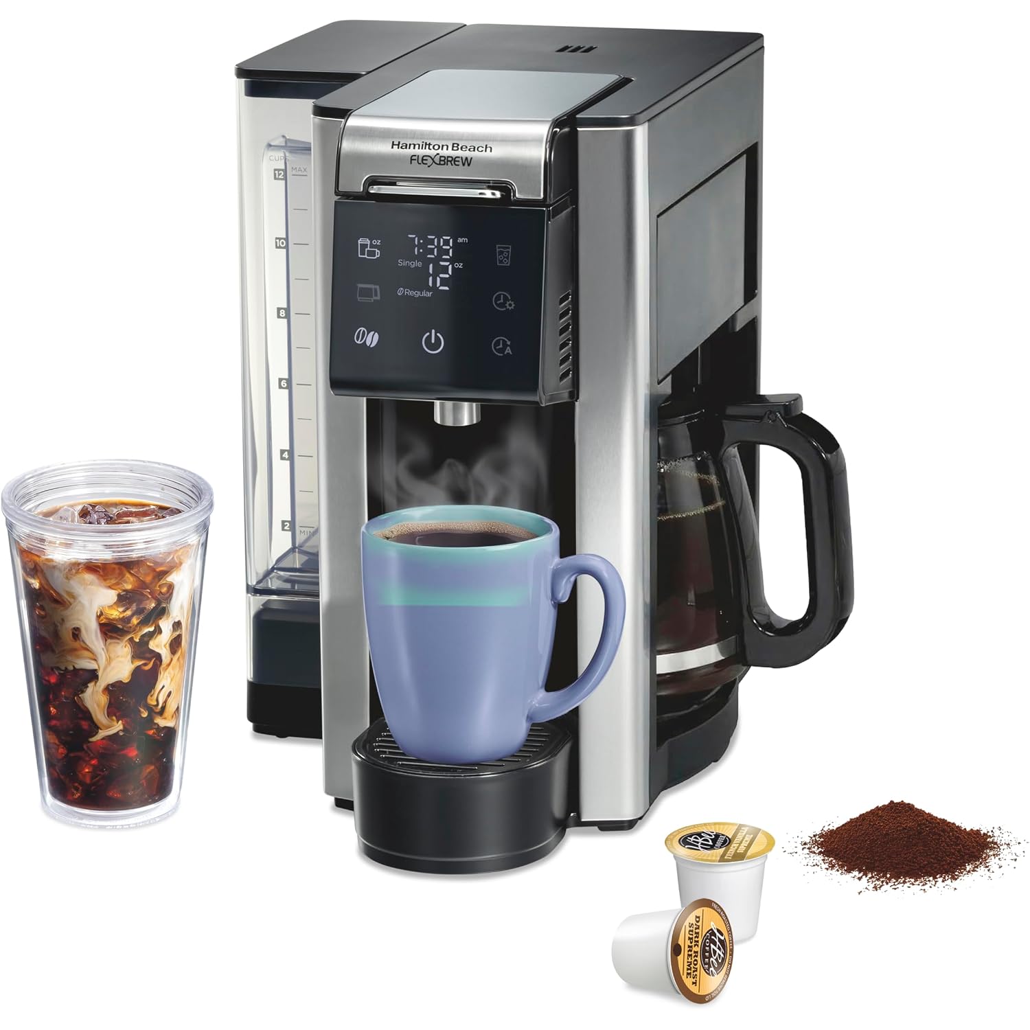 Hamilton Beach Flexbrew Advanced 5-In-1 Drip & Single Serve Coffee Maker | Single Serve Hot & Iced Coffee Maker | 12 Cup Programmable Drip Coffee Maker | Removable 60 Oz. Reservoir | Black