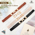 TRIWORKS 4 Pack Women Skinny Elastic Belts Gold Buckle Thin Stretchy Waist Belts for Dresses