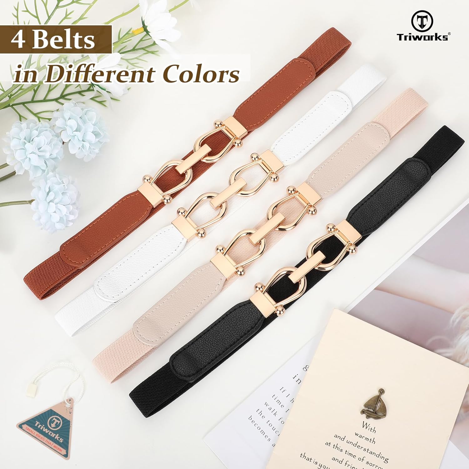 TRIWORKS 4 Pack Women Skinny Elastic Belts Gold Buckle Thin Stretchy Waist Belts for Dresses