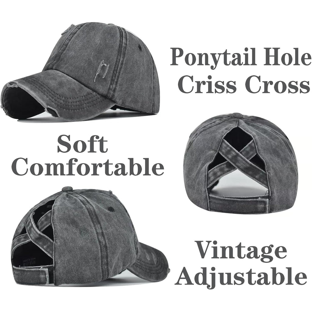 2 Packs Womens Ponytail Criss Cross Hat Baseball Cap Distressed Ponytail Hat High Messy Bun Trucker Ponycap