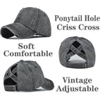 2 Packs Womens Ponytail Criss Cross Hat Baseball Cap Distressed Ponytail Hat High Messy Bun Trucker Ponycap