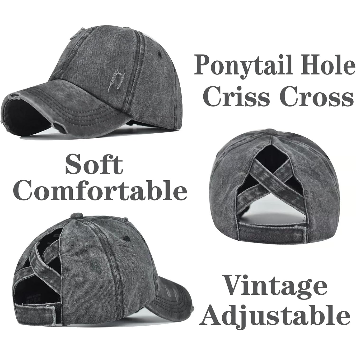 2 Packs Womens Ponytail Criss Cross Hat Baseball Cap Distressed Ponytail Hat High Messy Bun Trucker Ponycap