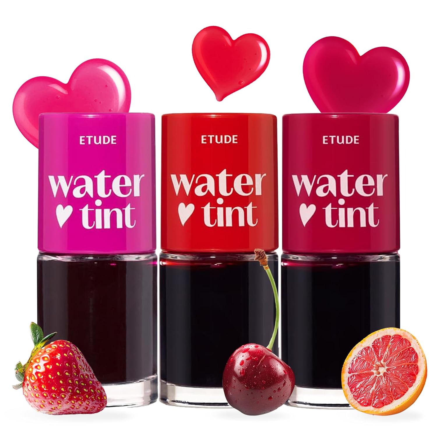 Etude Dear Darling Water Tint 3 Set (Strawberry Ade, Cherry Ade, Red Grapefruit Ade, 9G*3) | Vivid Color Lip Stain With Moisturizing Weightless & Non-Sticky Finish | Korean Makeup, Perfect For Gift