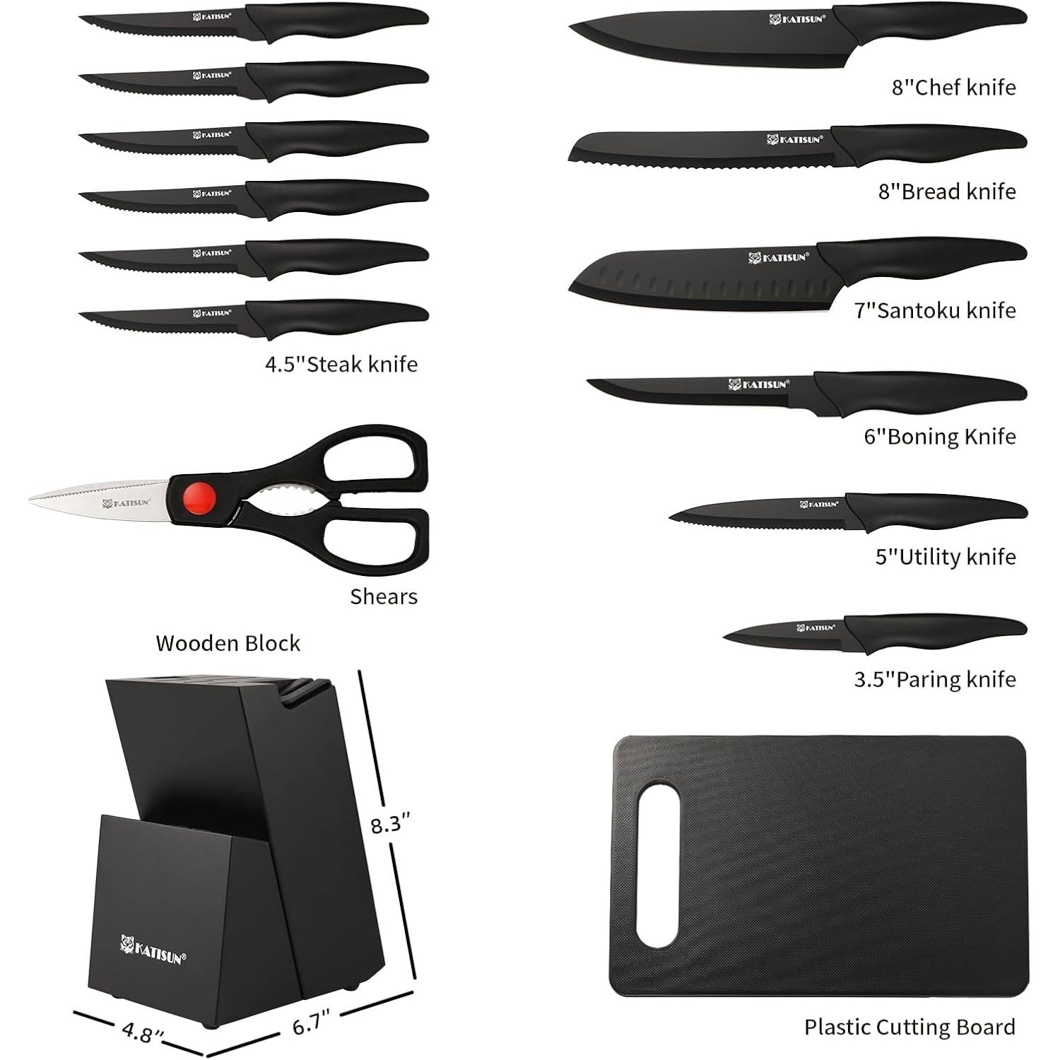 16 Piece Kitchen Knife Set with Block & Cutting Board, German Stainless Steel Knife Set with Heat-Sealed Over-molded Handles, Dishwasher Safe & Anti-Flaking Non-Stick Coating, Black