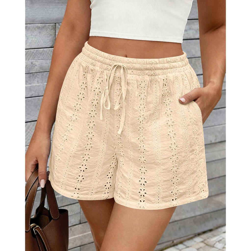 Lace Shorts for Women Summer Cute Boho Eyelet Elastic Waist Drawstring Casual Lounge Shorts Beach Vacation Outfits