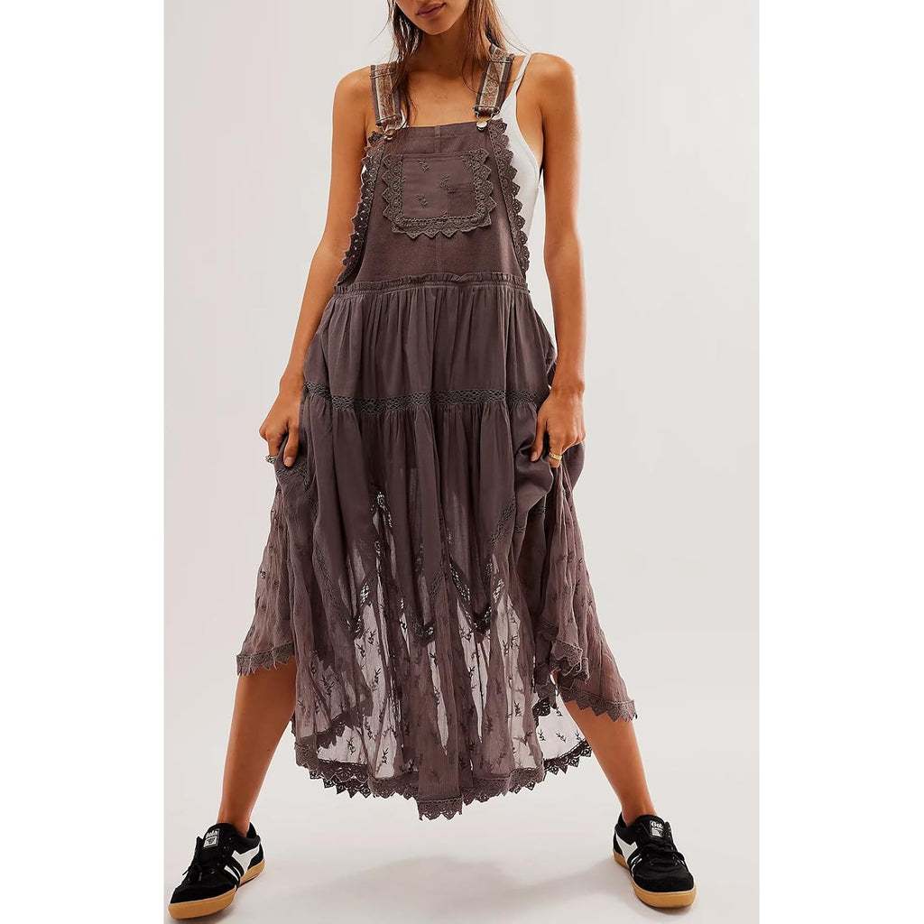Women'S Casual Lace Embroidered Maxi Dress Adjustable Strap Pleated Tiered Swing Long Dress With Pockets