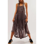 Women'S Casual Lace Embroidered Maxi Dress Adjustable Strap Pleated Tiered Swing Long Dress With Pockets