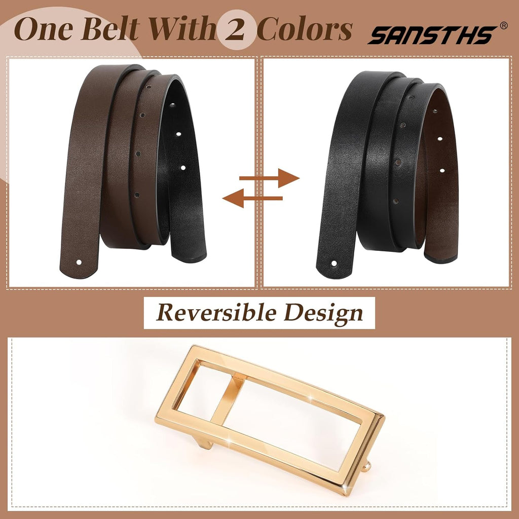 SANSTHS Skinny Reversible Belts for Women, Two-in-one Women Thin Belt for Dresses Jeans Pants with Gold Buckle