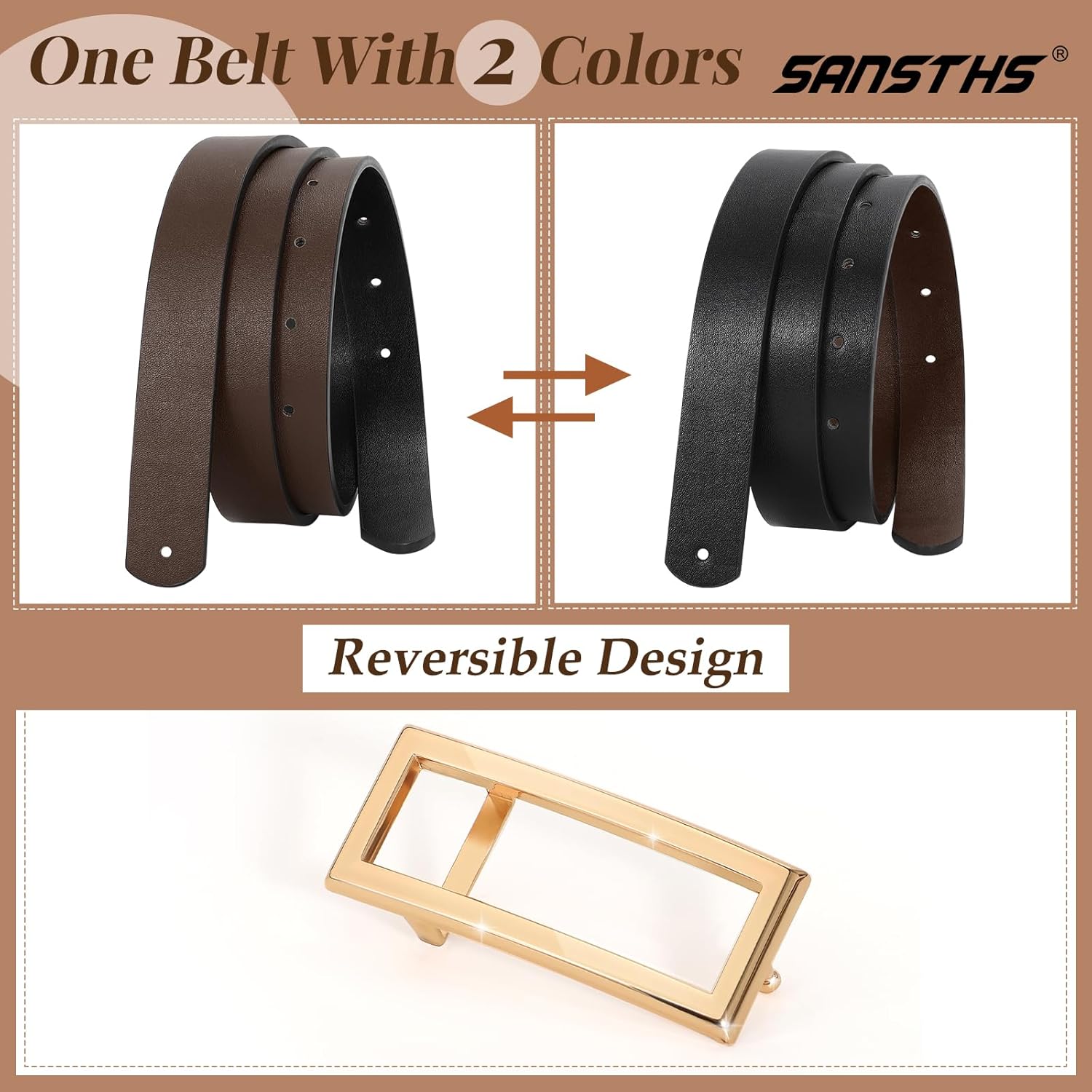 SANSTHS Skinny Reversible Belts for Women, Two-in-one Women Thin Belt for Dresses Jeans Pants with Gold Buckle