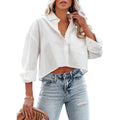 Tankaneo Womens Button Down Cropped Shirts Long Sleeve Casual Crop Tops Solid Lapel Blouse Shirt With Chest Pocket