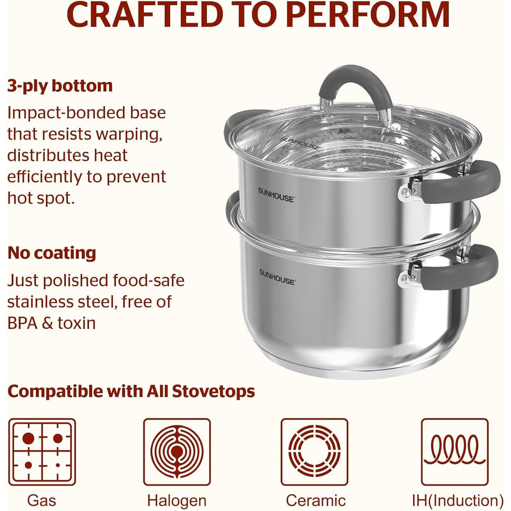 SUNHOUSE Stainless Steel Steamer Pot for Cooking - 3 QT Steaming Pot with Glass Lid & Steamer Basket - 2 Tier Tri-ply Vegetable Steamer with Stay-Cool Silicone Handles - Induction Compatible