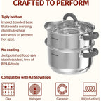 SUNHOUSE Stainless Steel Steamer Pot for Cooking - 3 QT Steaming Pot with Glass Lid & Steamer Basket - 2 Tier Tri-ply Vegetable Steamer with Stay-Cool Silicone Handles - Induction Compatible