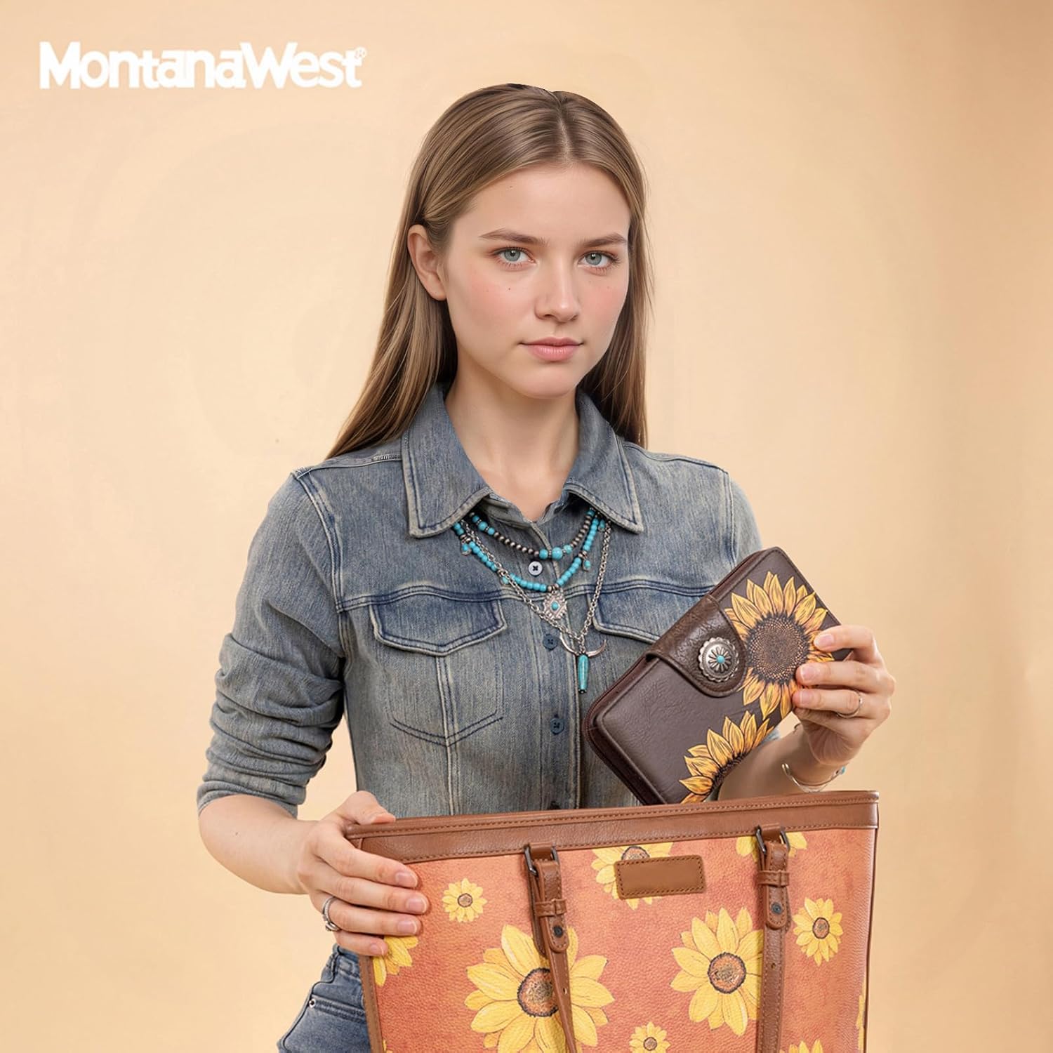 Montana West Women's Wallets Western Sunflower Wallet Women Large Capacity Credit Card Wallet Ladies Female Bifold Clutch Wallets with ID Window and Coin Purse