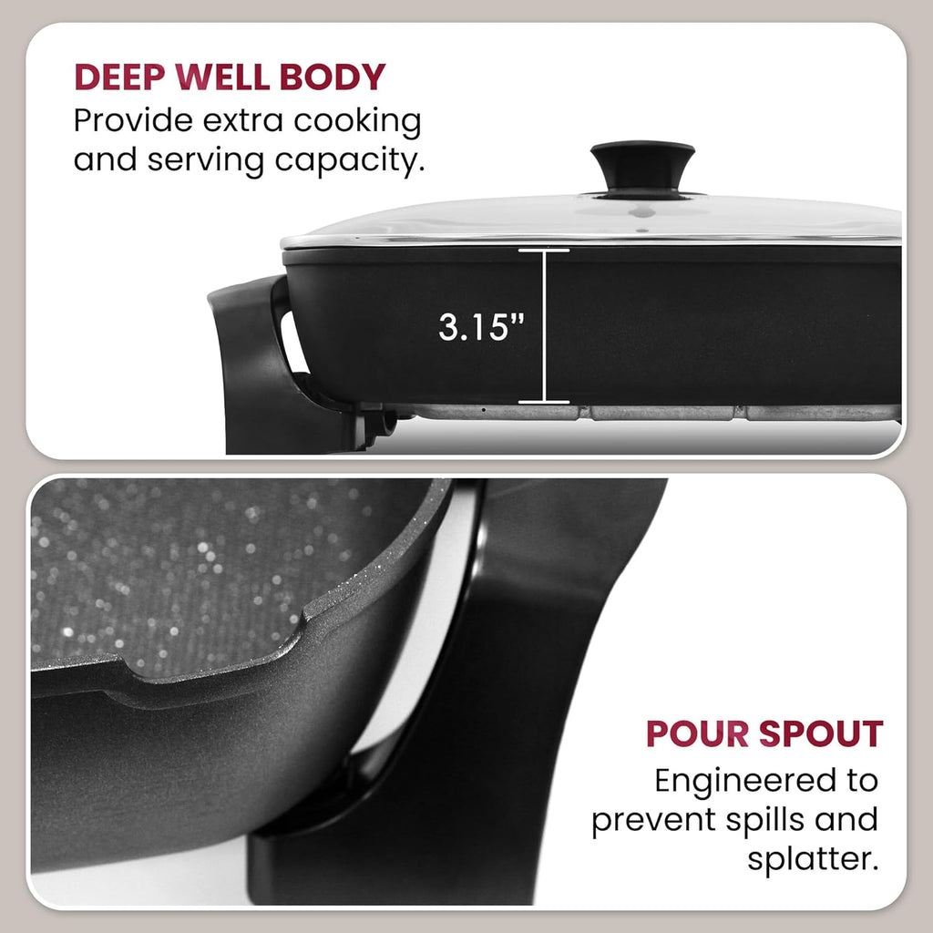 Elite Gourmet EG-6203# Extra Deep 16"x13" (10.5 Qt.) Non-Stick Electric Skillet with Glass Vented Lid & Pour Spout | Dishwasher Safe, Long-Lasting Non-Stick, 200-400°F | Serves 6-8, Black