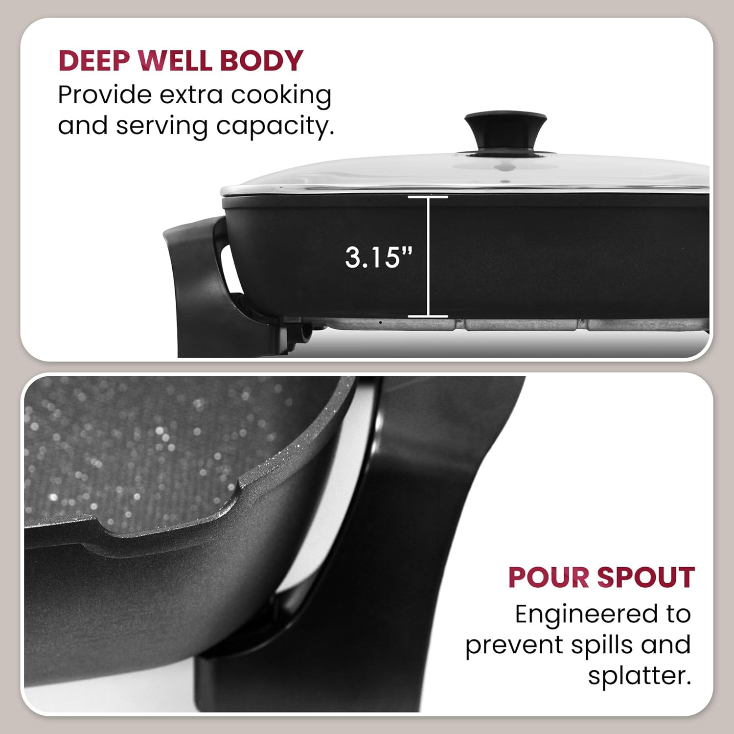Elite Gourmet EG-6203# Extra Deep 16"x13" (10.5 Qt.) Non-Stick Electric Skillet with Glass Vented Lid & Pour Spout | Dishwasher Safe, Long-Lasting Non-Stick, 200-400°F | Serves 6-8, Black