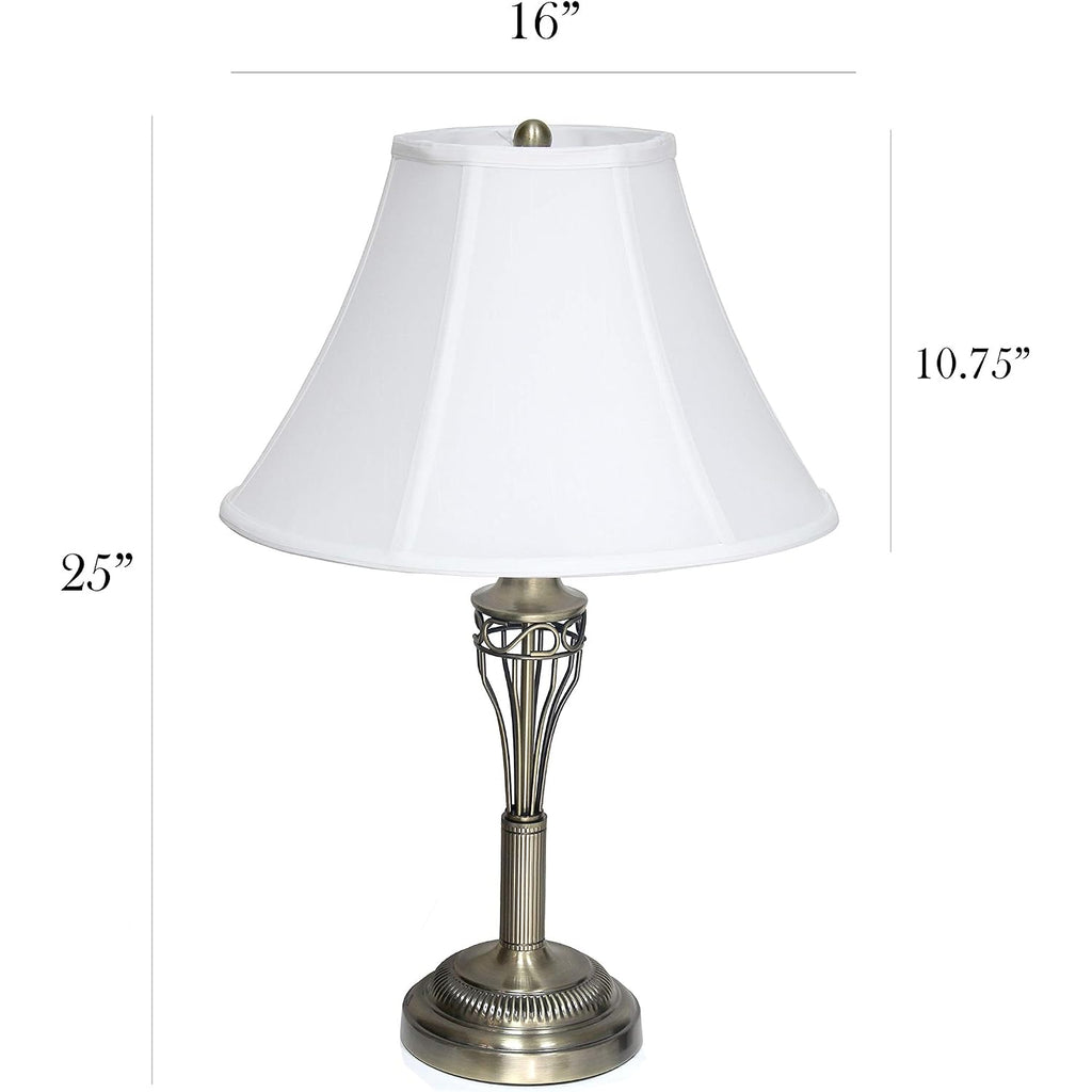 Elegant Designs Lc1001-Abs Antique Brass Three Pack Lamp Set (2 Table Lamps, 1 Floor Lamp) With Fabric White Bell Shaped Shades