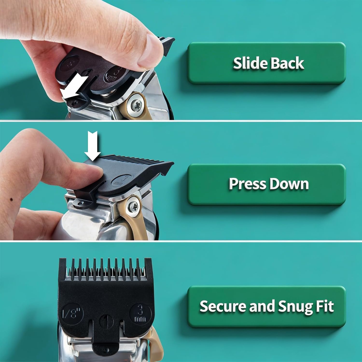 Clipper Guards Set Compatible with Most Wahl Clippers, Clipper Guides Replacement - 1/16" to 3/16", 3 Piece Set, Black Color