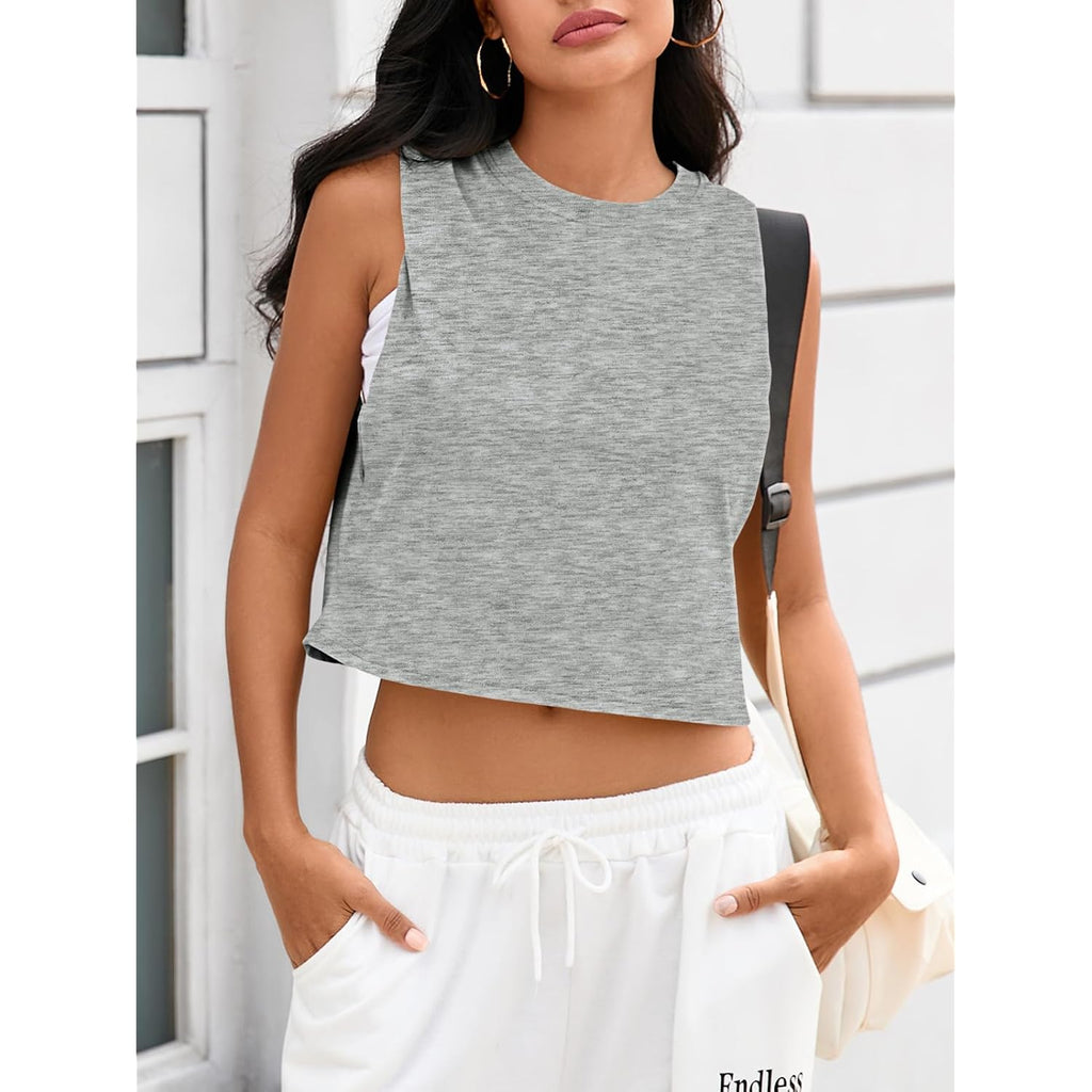 Fisoew Womens Workout Cropped Tank Tops Boxy Loose Fit Casual Sleeveless Shirts Athletic Crew Neck Summer Basic Tees