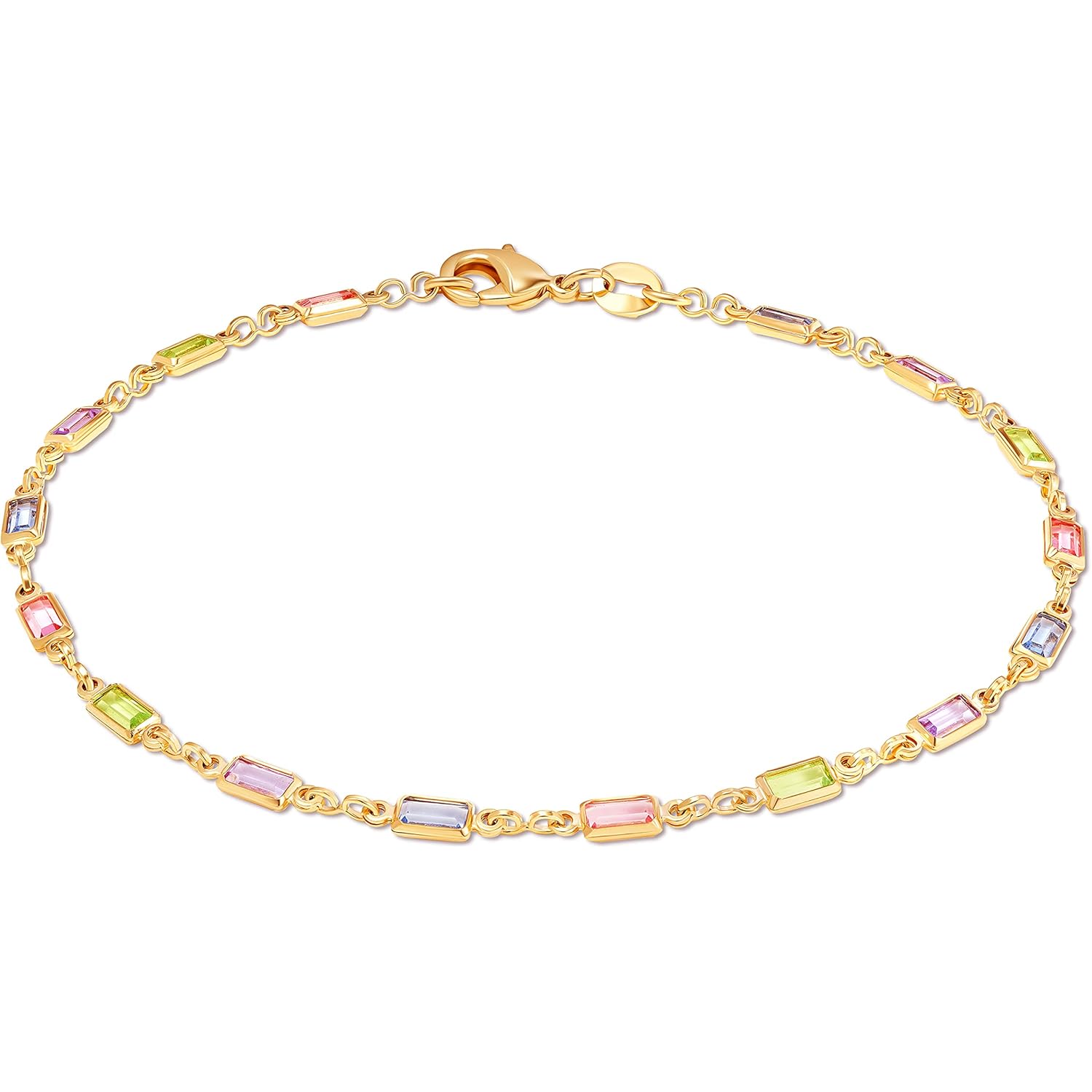 Barzel 18K Gold Plated Gold and Multi Color Crystal Baguette Anklet