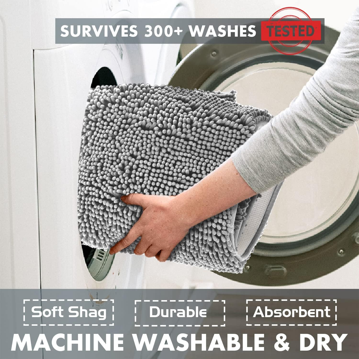 LuxUrux Toilet Rugs U Shaped Washable, Bathroom Toilet Mat, Extra-Soft Plush Bath Bathroom Rug,1'' Chenille Microfiber Material, Super Absorbent Shaggy Machine Wash & Dry (20 x 20 inch, Light Grey)