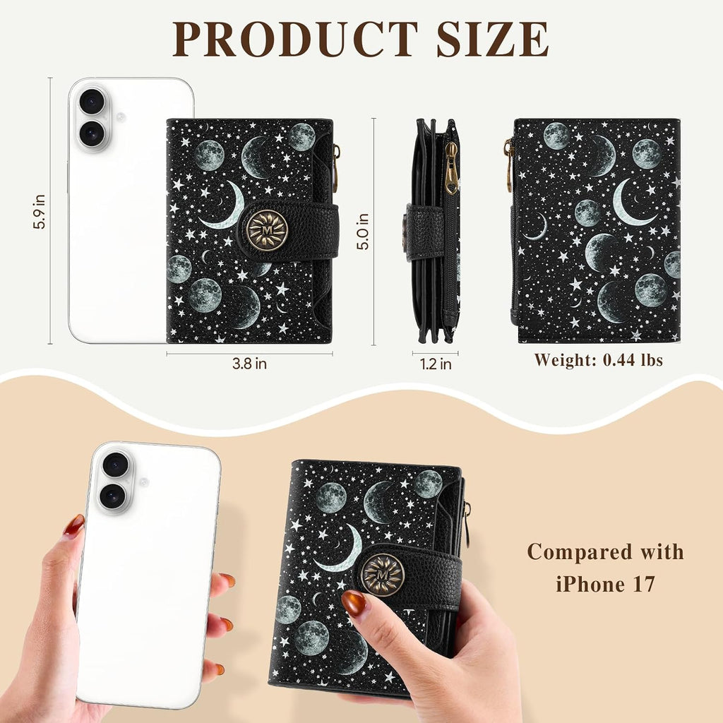 Celestial Moon Small Rfid Wallet Women, Pu Leather Bifold Zipper Coin Pocket Compact Cash Credit Card Holder Purse, Cute Travel Wallet For Female Ladies Teen Girls, 4 Id Window 14 Card Slots