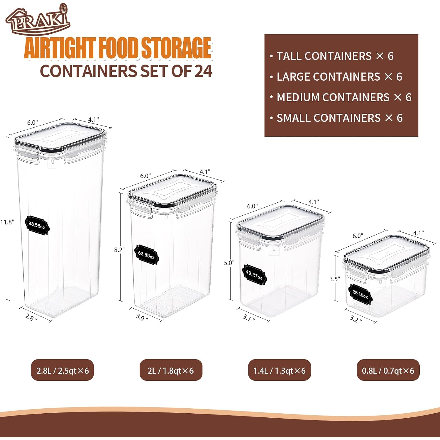 Praki Airtight Food Storage Containers Set With Lids - 24 Pcs, Bpa Free Kitchen And Pantry Organization, Plastic Leak-Proof Canisters For Cereal Flour & Sugar - Labels & Marker