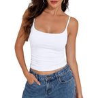 PrettyGuide Women Cotton Cami Tops Built-in Shelf Bra Unpadded Square Neck Crop Tank Top Fitted Basic Camisole Going Out Tees