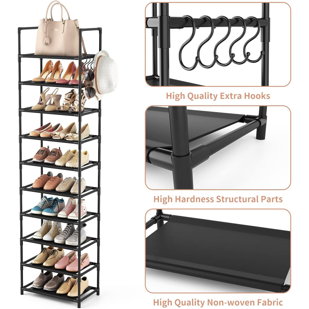 10 Tiers Tall Shoe Rack 20-25 Pairs Boots Organizer Storage Sturdy Narrow Shoe Shelf For Entryway, Closets With Hooks, Black