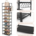 10 Tiers Tall Shoe Rack 20-25 Pairs Boots Organizer Storage Sturdy Narrow Shoe Shelf For Entryway, Closets With Hooks, Black