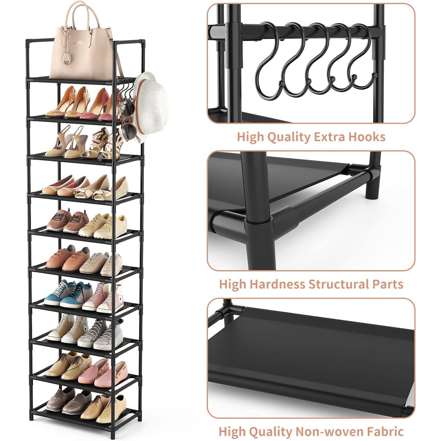 10 Tiers Tall Shoe Rack 20-25 Pairs Boots Organizer Storage Sturdy Narrow Shoe Shelf For Entryway, Closets With Hooks, Black
