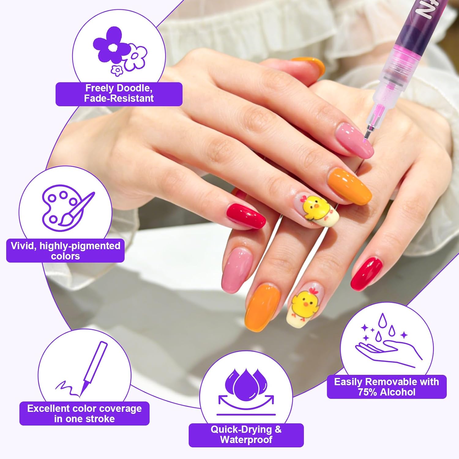 24 Color 0.5mm Fine Tip Nail Art Pen Set - Non-Toxic, Quick-Drying Nail Art Markers with 26 Nail Stickers, Leak-Proof Design for DIY Nail Art, Greeting Cards, Object Painting & Holiday Doodling