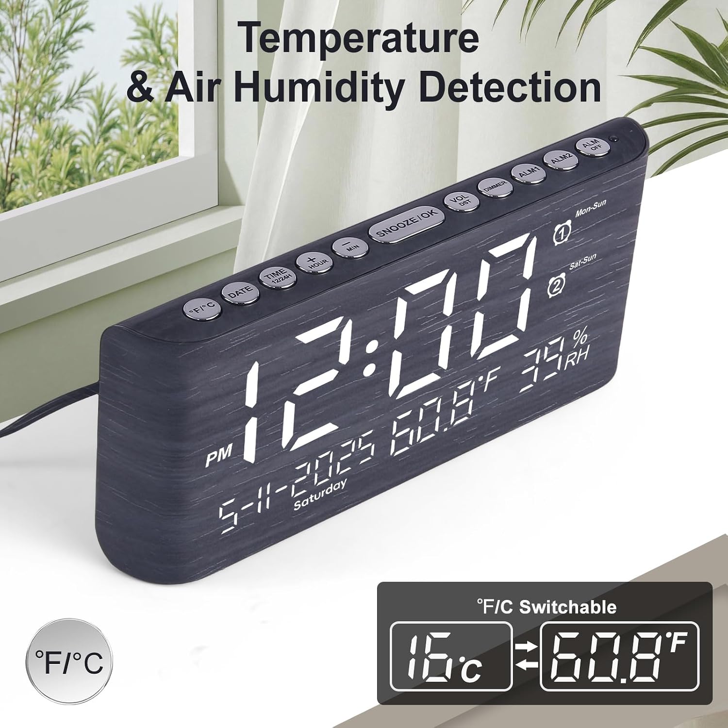 Pplee 8.7Inch Digital Alarm Clock For Bedroom-Digital Clock With Day Of Week Month Year Humidity & Temperature Brightness Snooze 2 Alarm Clock & 2 Usb Charger Desk Clock For Heavy Sleeper