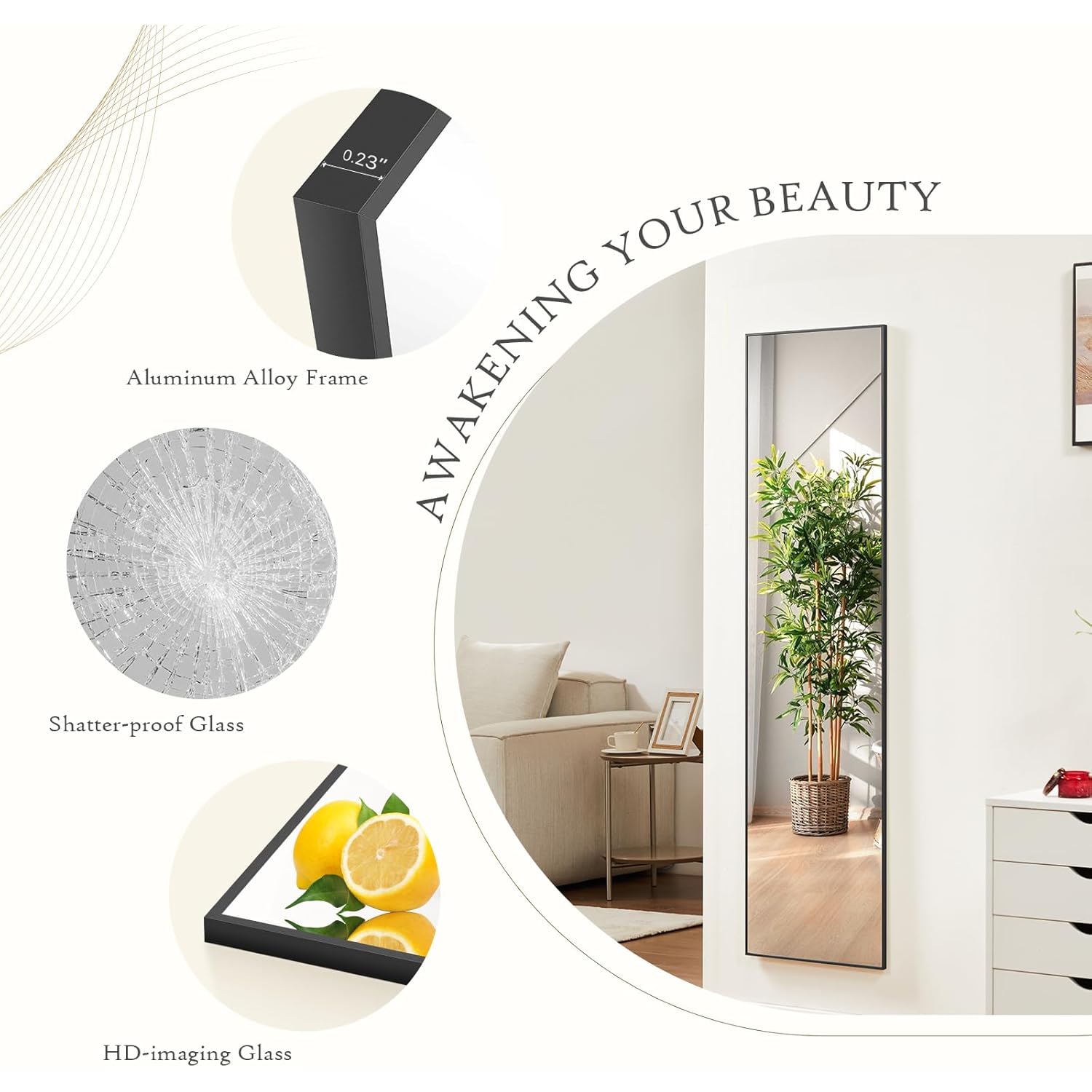 Mirror Full Length, Upgraded 16"x59" Body Wall Mirrors with Shatter-Proof Glass, Floor Standing, Hanging or Leaning, Tall Mirror with Stand Aluminum Alloy Frame for Bedroom, Black