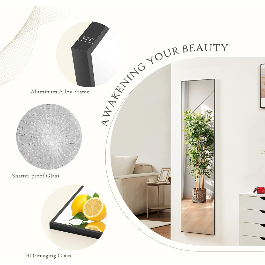 Mirror Full Length, Upgraded 16"x59" Body Wall Mirrors with Shatter-Proof Glass, Floor Standing, Hanging or Leaning, Tall Mirror with Stand Aluminum Alloy Frame for Bedroom, Black