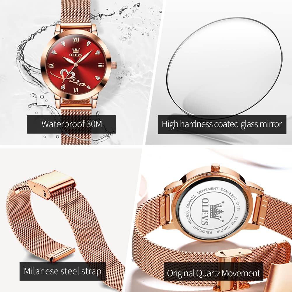 OLEVS Rose Gold Watch for Women Mesh Strap Fashion Dress Hearts Japanese Quartz Waterproof Luminous Ladies Watches Bracelet Sets