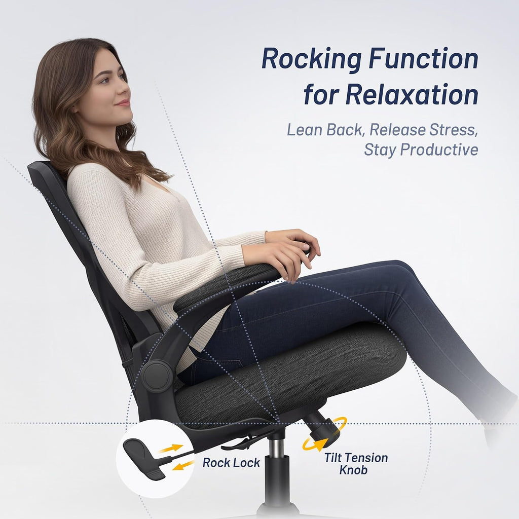 Office Desk Chair For Long Hours & Lower Back Pain Relief – 4“ Thick Molded Foam Cushion, Enhanced Lumbar Support, Padded Flip-Up Armrests, Ideal For Office Or Study, Black