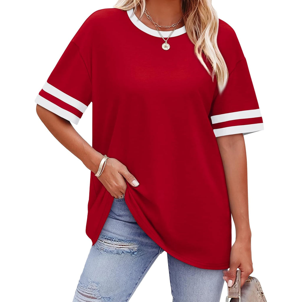 Womens T Shirts Loose Fit Short Sleeve Tees Crew Neck Color Block Summer Tops 2026 Fashion