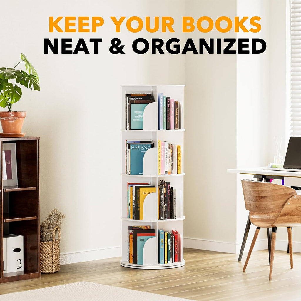 Spaceaid 4 Tier Rotating Bookshelf Tower, Spinning Bookcase Lazy Susan, Revolving 360 Book Shelf Storage Round Carousel, Vertical Rotate Turning Spiral Corner Organizer, White