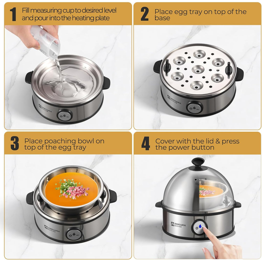 Annie & Mia Design Electric Egg Cooker, All Stainless Steel 7 Egg Capacity Egg Boiler, 360W, Hard, Medium, Soft Boiled Egg Poacher, Egg Steamer, Multi-Function, Auto Shut-Off Function, Bpa-Free