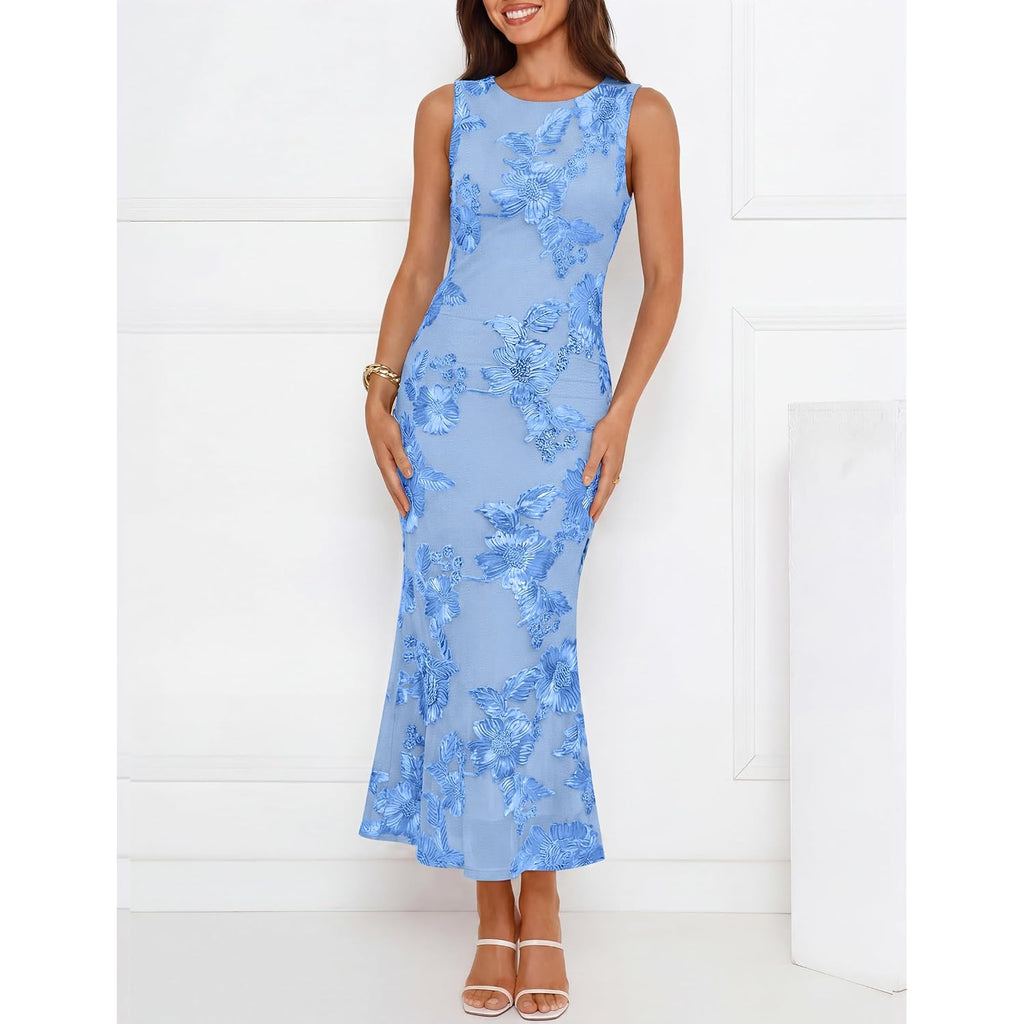 Zesica Womens 2026 Summer Floral Wedding Guest Midi Dress Sleeveless Mesh Slit Bodycon Formal Cocktail Party Dresses