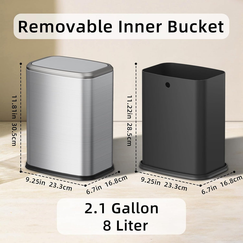 8L/2.1 Gal Small Bathroom Trash Can With Lid, Swing-Top Rectangular Waste Bin, Stainless Steel Garbage Can For Home, Office, Toilet, Bedroom, Living Room (Silver)