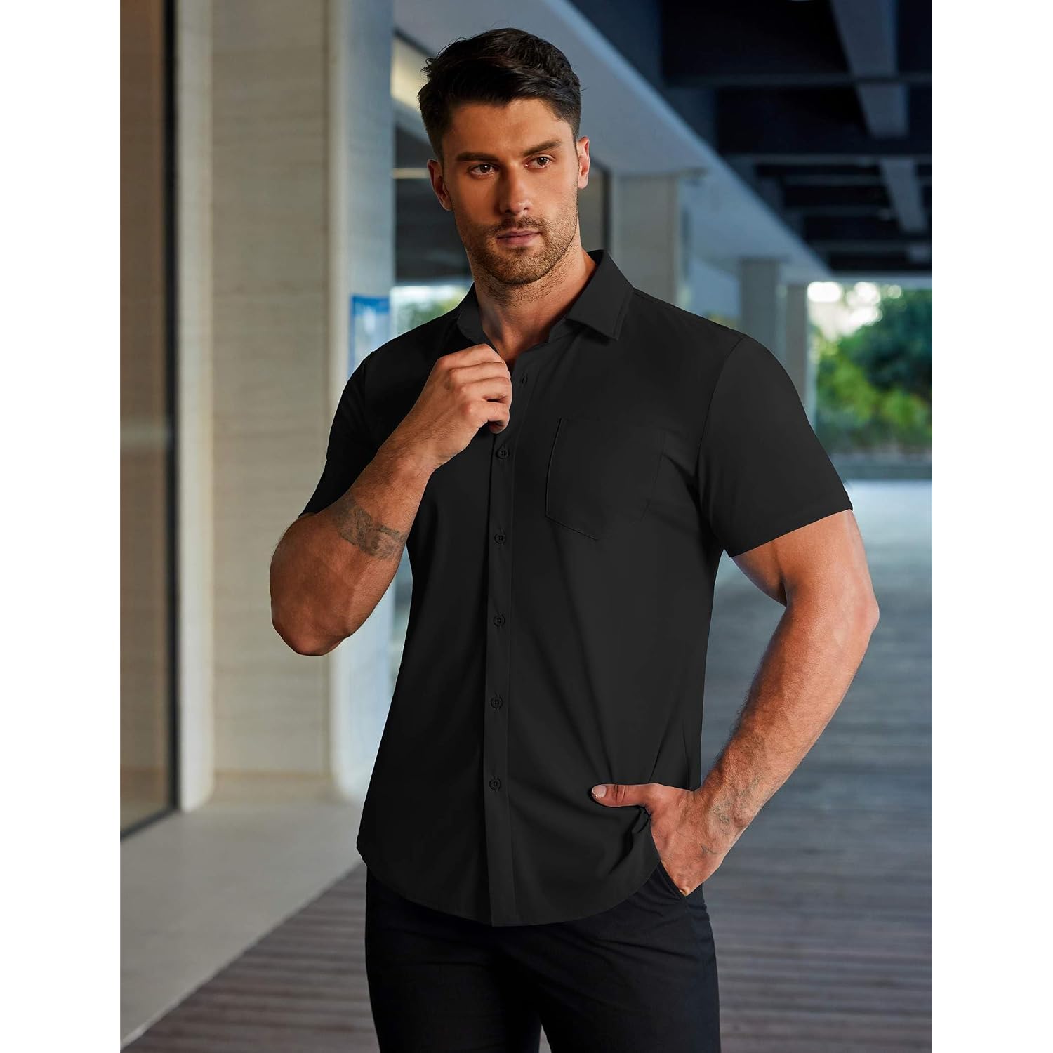 Coofandy Men'S Muscle Fit Dress Shirts Stretch Wrinkle-Free Short Sleeve Casual Button Down Shirts