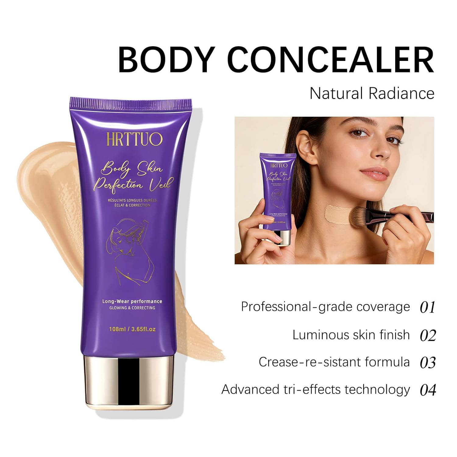 Body Coverage Perfector with Brush - Waterproof Leg & Body Makeup for Skin Imperfections & Uneven Tone, Transfer-Resistant Natural Finish Concealer, Flawless Looking Legs (Natural Radiance)