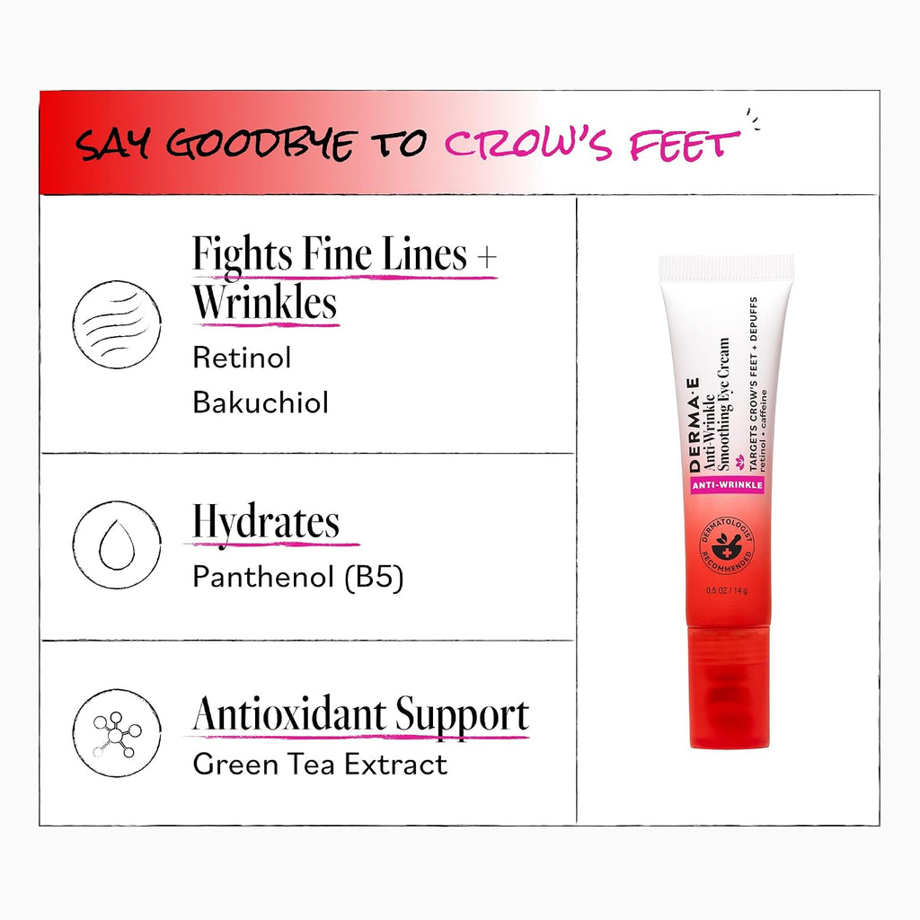 Derma E Anti-Wrinkle Smoothing Eye Cream For Fine Lines And Crow'S Feet, 0.5 Fl Oz, Anti Aging With Retinol, Caffeine And Antioxidants, Cooling Tip Helps Reduce Puffiness
