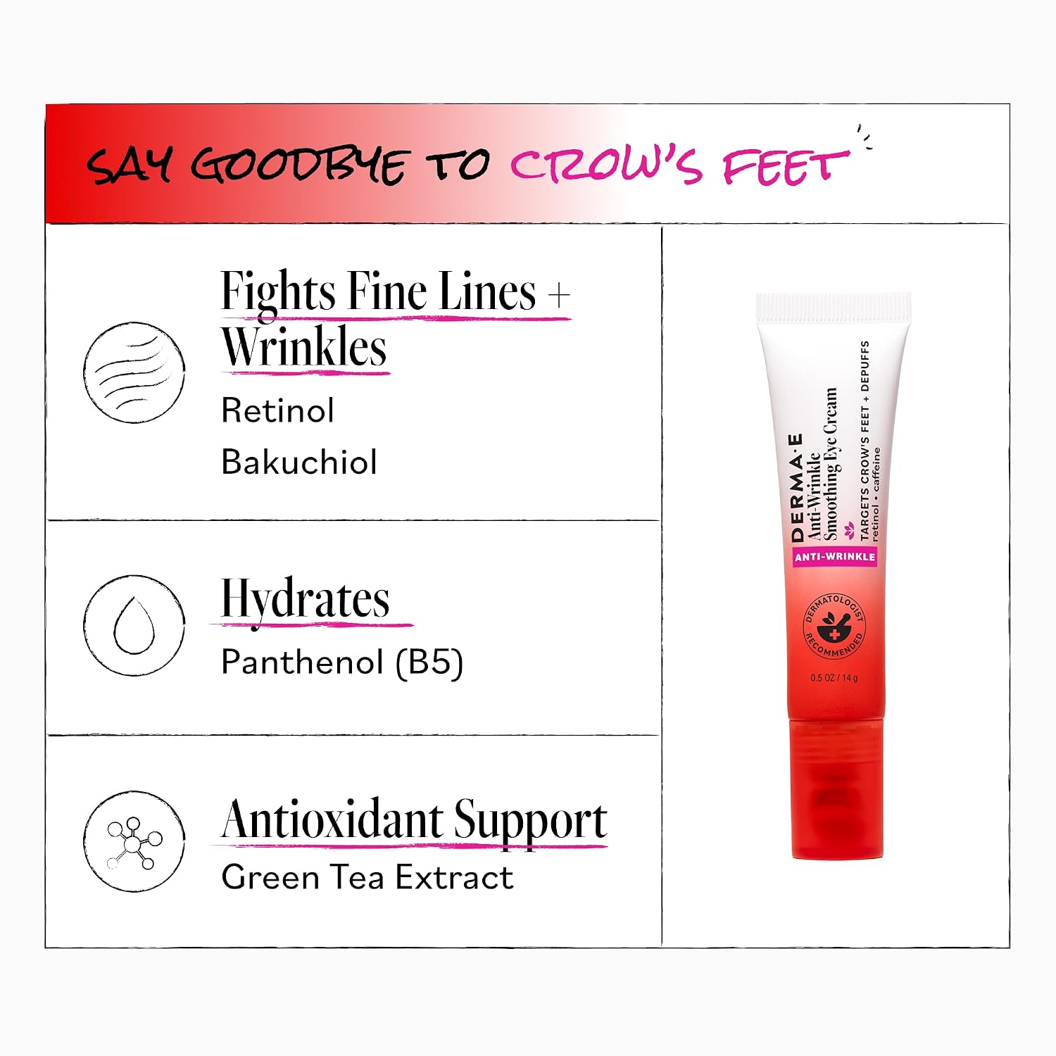 Derma E Anti-Wrinkle Smoothing Eye Cream For Fine Lines And Crow'S Feet, 0.5 Fl Oz, Anti Aging With Retinol, Caffeine And Antioxidants, Cooling Tip Helps Reduce Puffiness