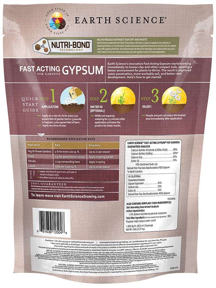 Earth Science Fast Acting Gypsum Granules—5 Lb— Soil Conditioner Adds Calcium, Repairs Salt Damage & Root Growth With Nutri-Bond Runoff Reduction Technology