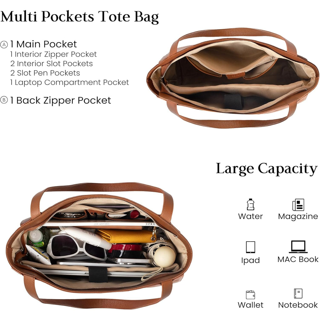 befen Genuine Leather Zipper Tote Bag for Women Work with Laptop Compartment, Women's Leather Shoulder Purse Satchel Handbags