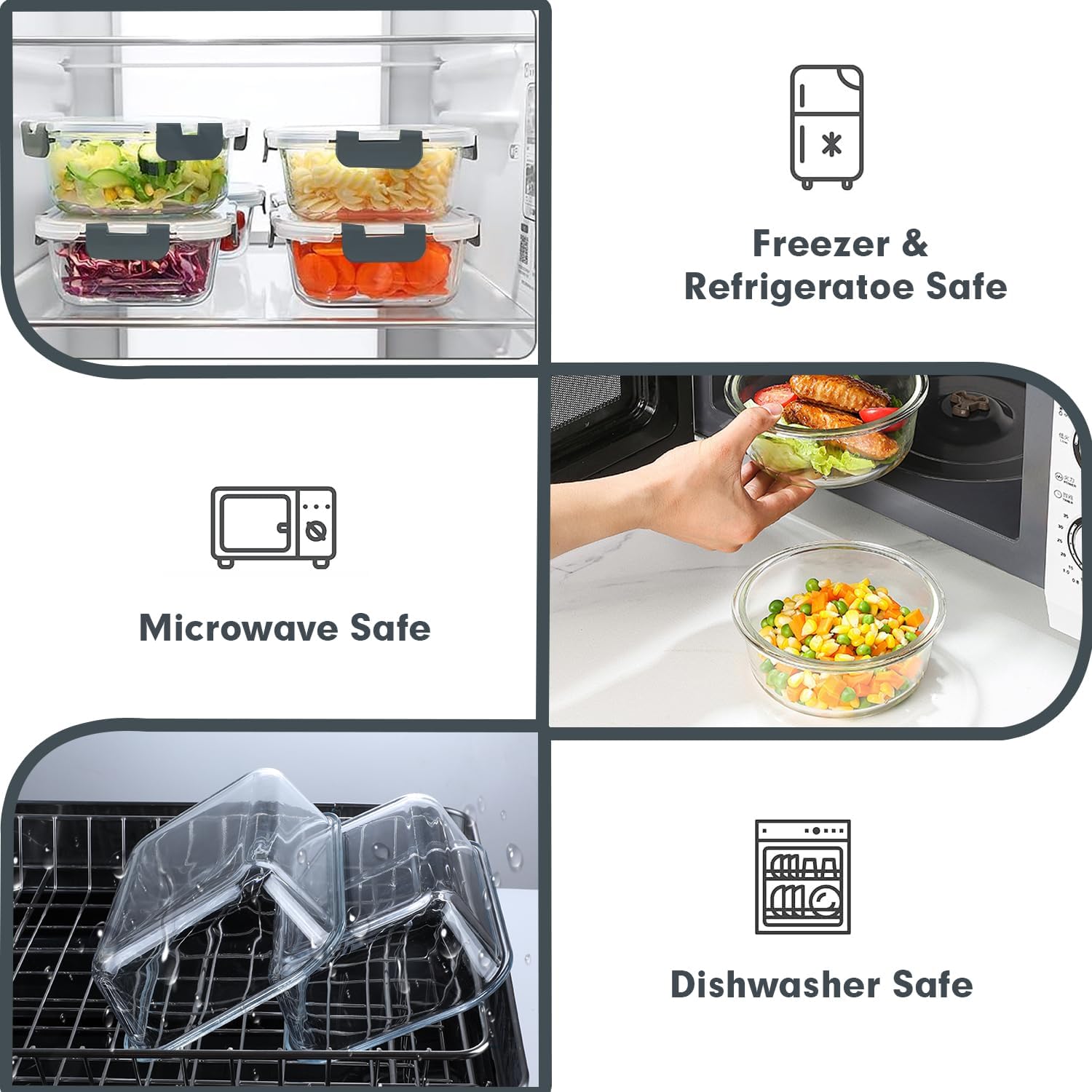 Verones 30 Pieces Glass Meal Prep Containers Set, Stackable Glass Food Storage Containers With Lids-Airtight Lunch Containers，For Microwave, Oven, Freezer & Dishwasher,Grey